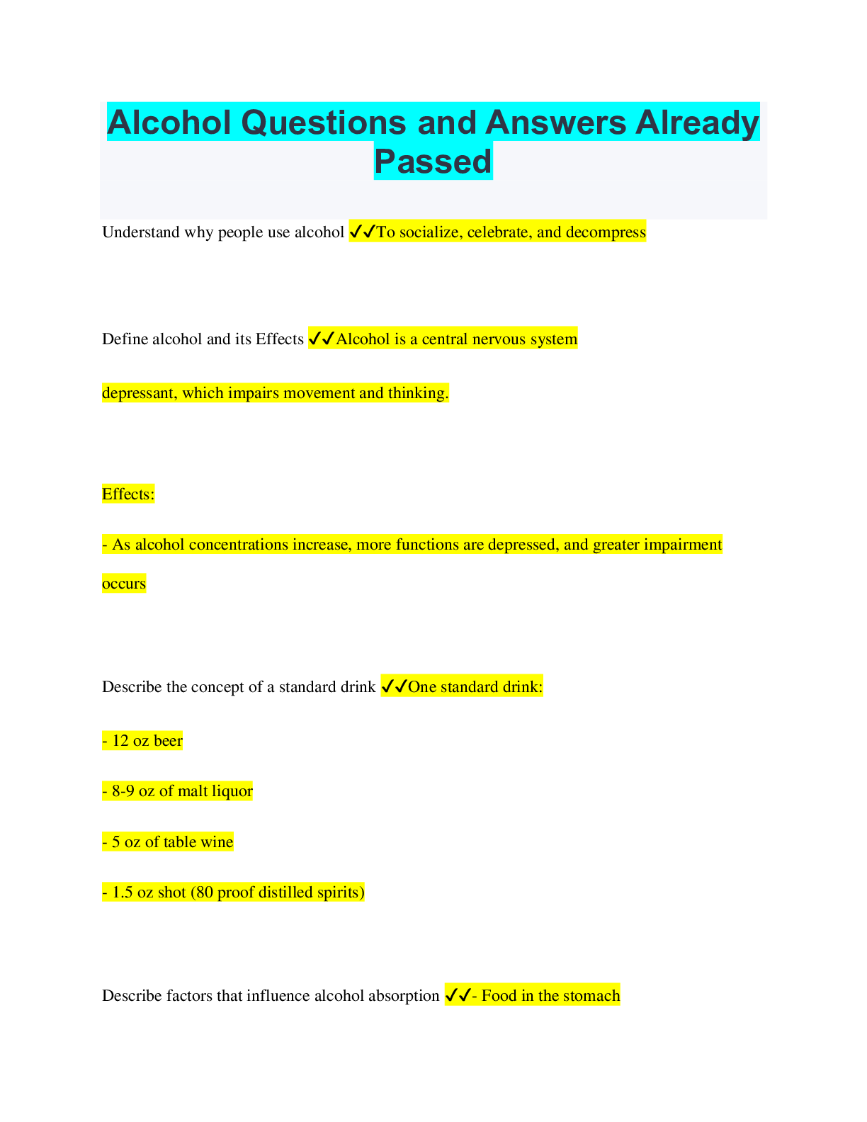 Alcohol Questions and Answers Already Passed Browsegrades